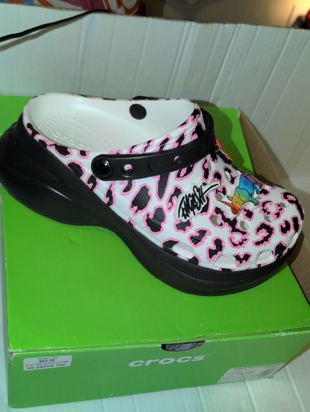 CROCS LIMITED EDITION Pink,Black,& Leopard Platform Bae Clog W/*All 6 Toppers